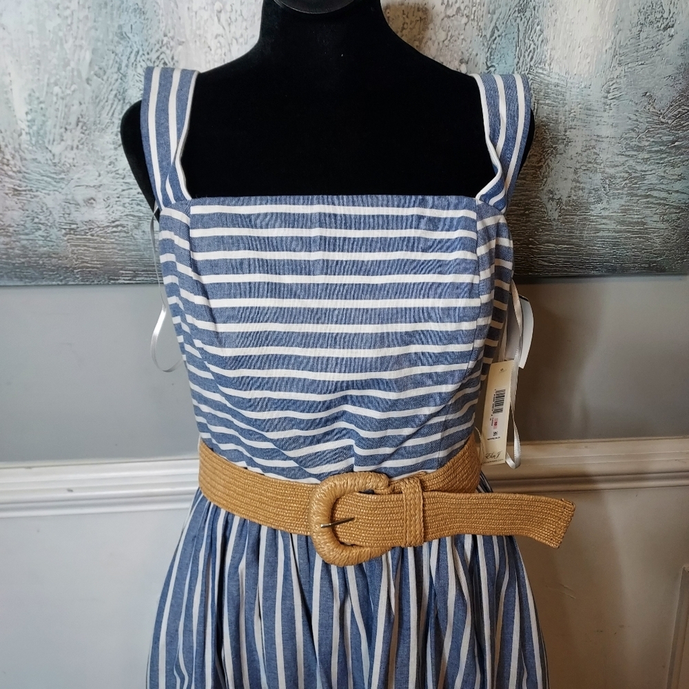 Eliza J Striped Belted Midi  Dres Woven Belt Sz-10 - Picture 6 of 9